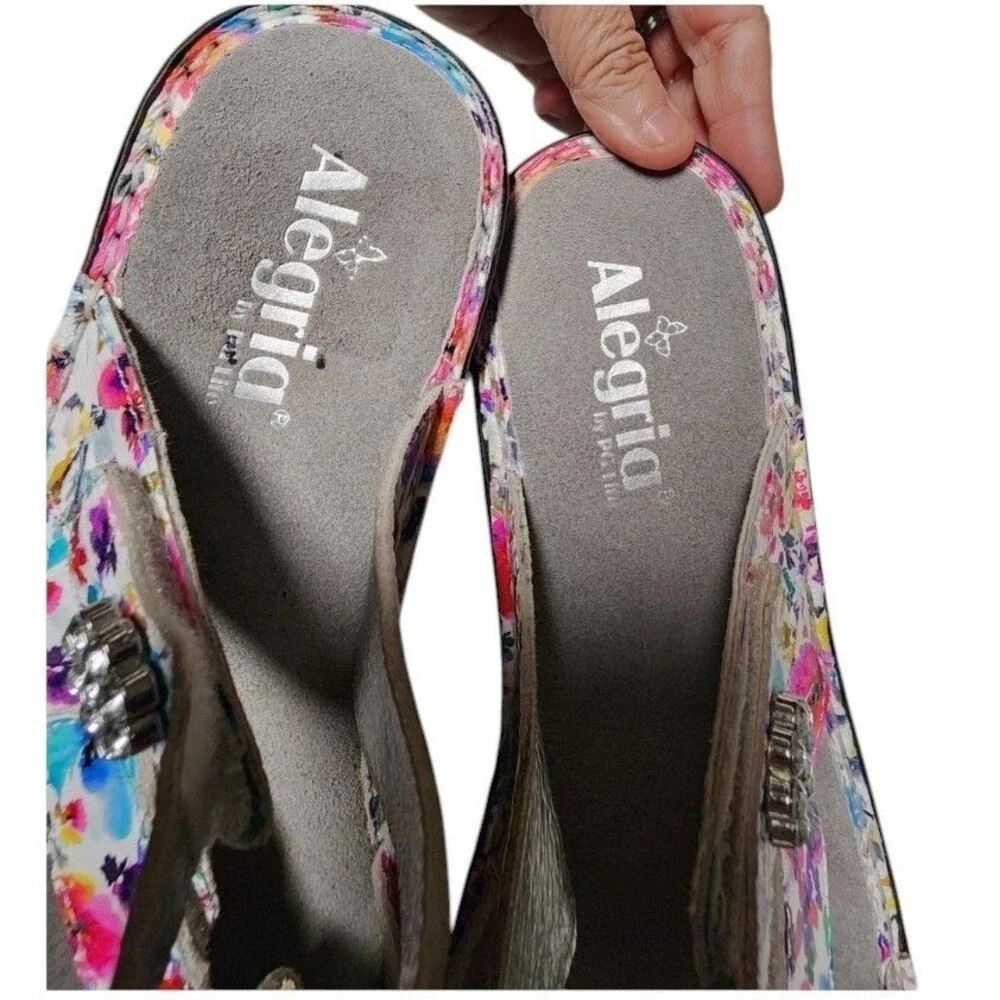 Alegria Loti Wedge Slide Sandals Floral Comfort EU 42 Leather Rhinestone Flower